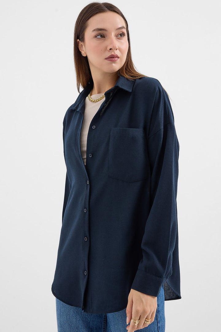 BGD Women Single Pocket Oversized Linen Shirt - Navy Blue - Mitcham