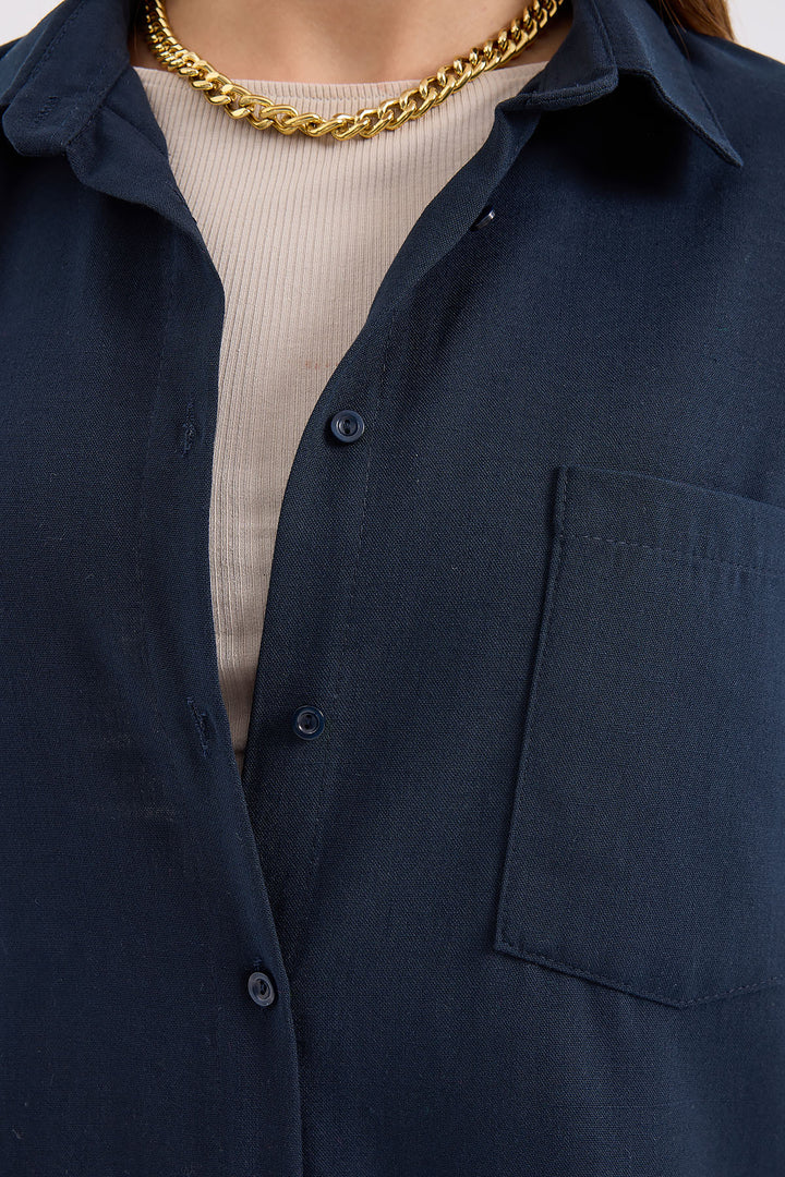 BGD Women Single Pocket Oversized Linen Shirt - Navy Blue - Mitcham
