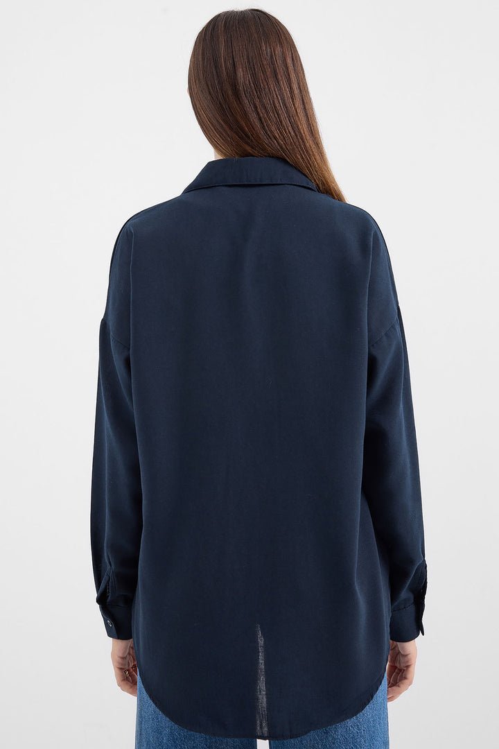BGD Women Single Pocket Oversized Linen Shirt - Navy Blue - Mitcham