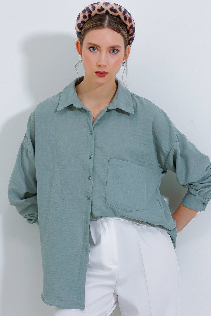 BGD Women Tek Cepli Oversize Keten Gömlek - Mint - Boca del Rio