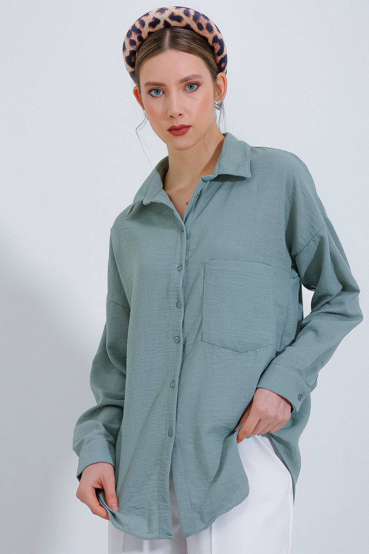 BGD Women Tek Cepli Oversize Keten Gömlek - Mint - Boca del Rio