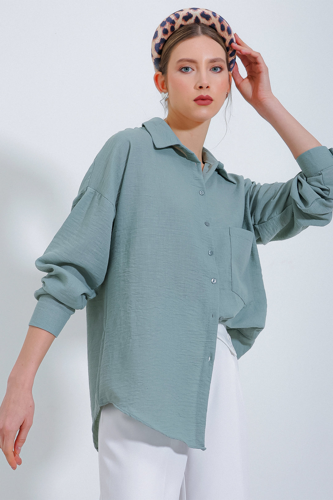 BGD Women Tek Cepli Oversize Keten Gömlek - Mint - Boca del Rio
