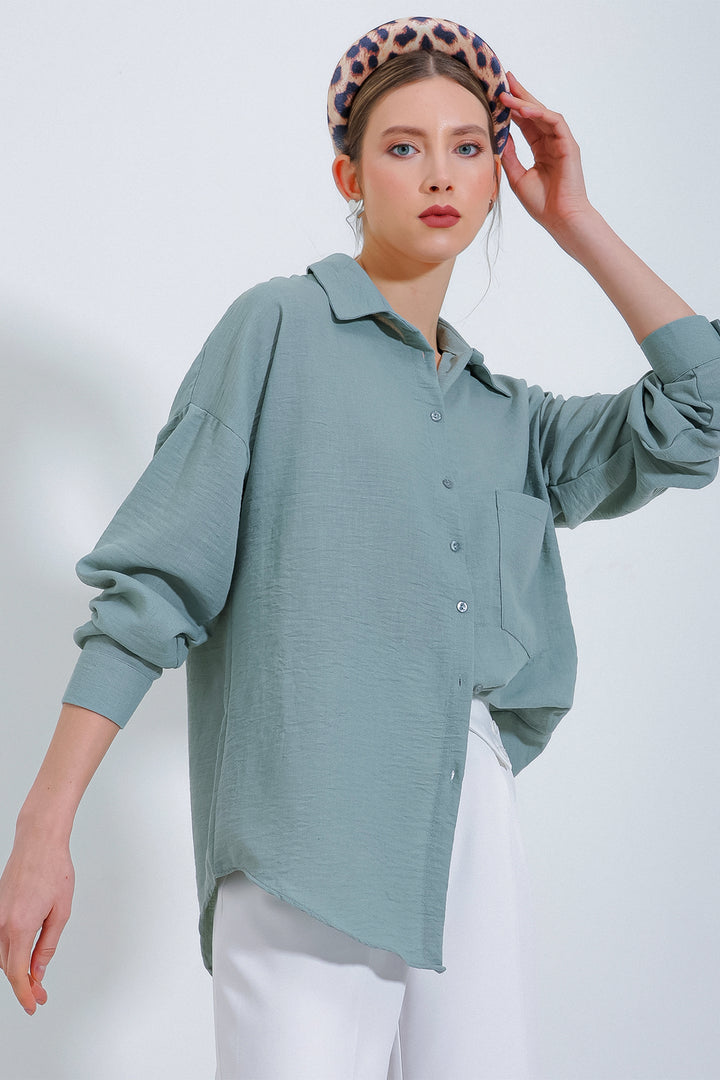 BGD Women Tek Cepli Oversize Keten Gömlek - Mint - Boca del Rio
