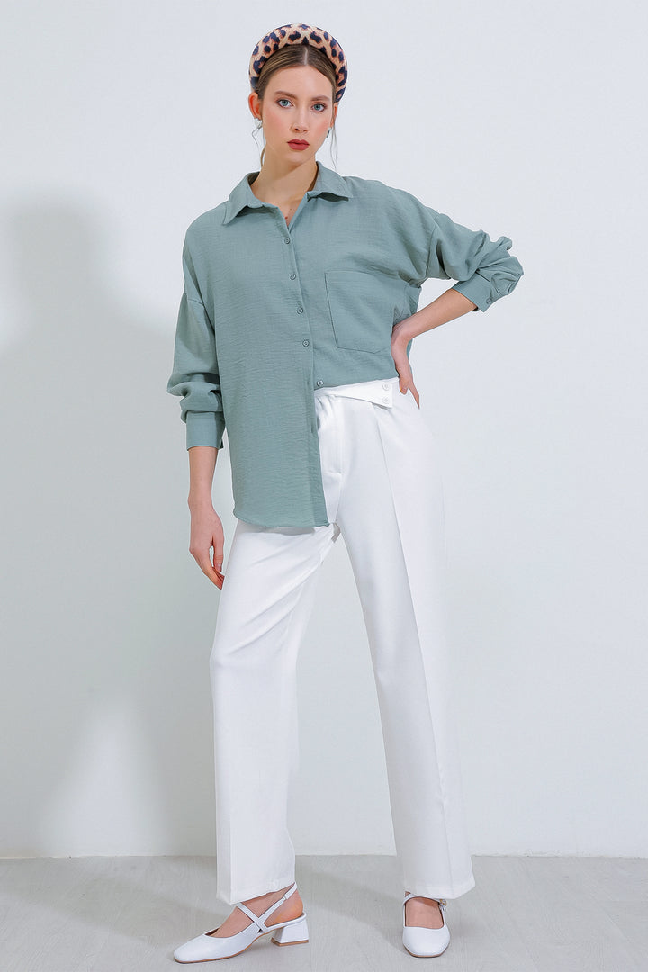 BGD Women Tek Cepli Oversize Keten Gömlek - Mint - Boca del Rio