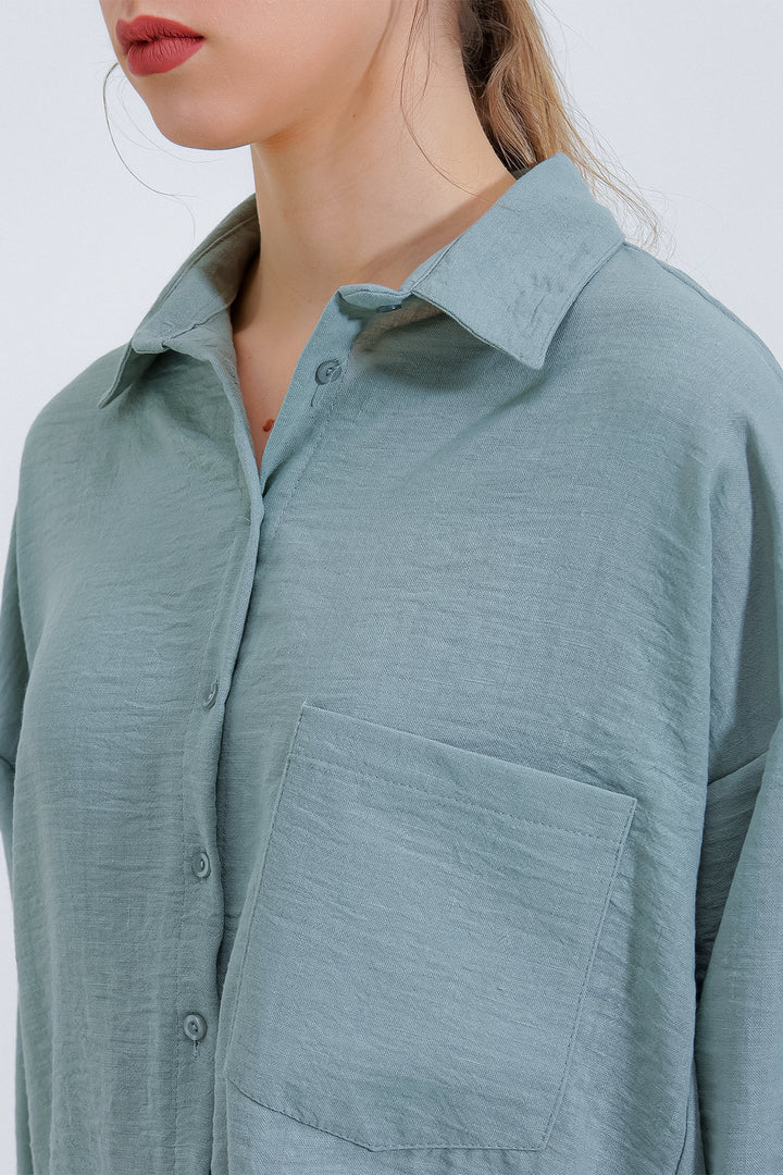 BGD Women Tek Cepli Oversize Keten Gömlek - Mint - Boca del Rio