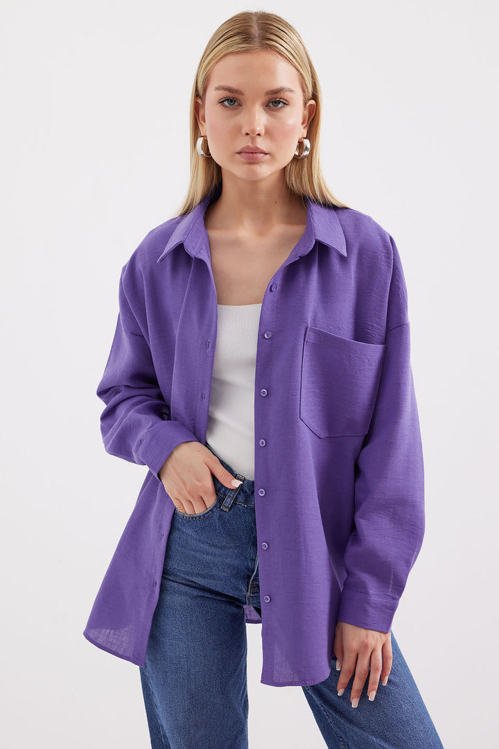 BGD Women Single Pocket Oversized Linen Shirt - Purple - Cuernavaca