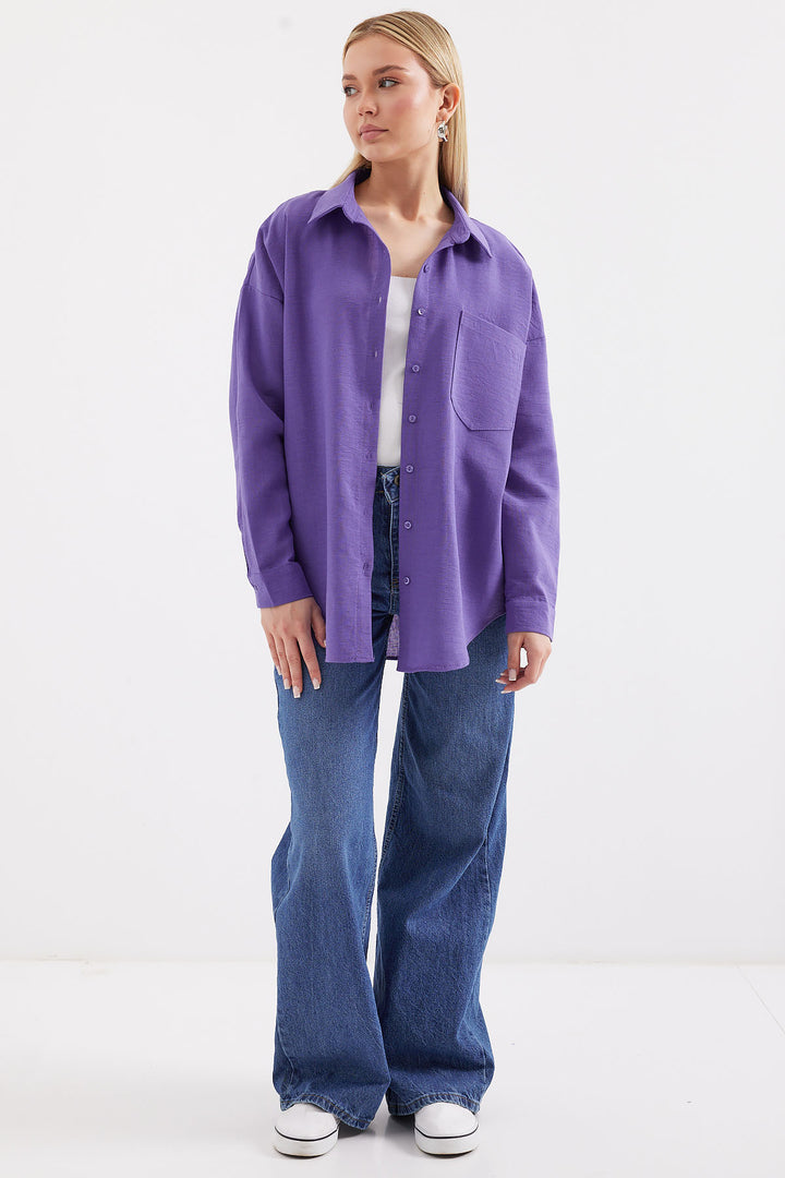 BGD Women Single Pocket Oversized Linen Shirt - Purple - Cuernavaca
