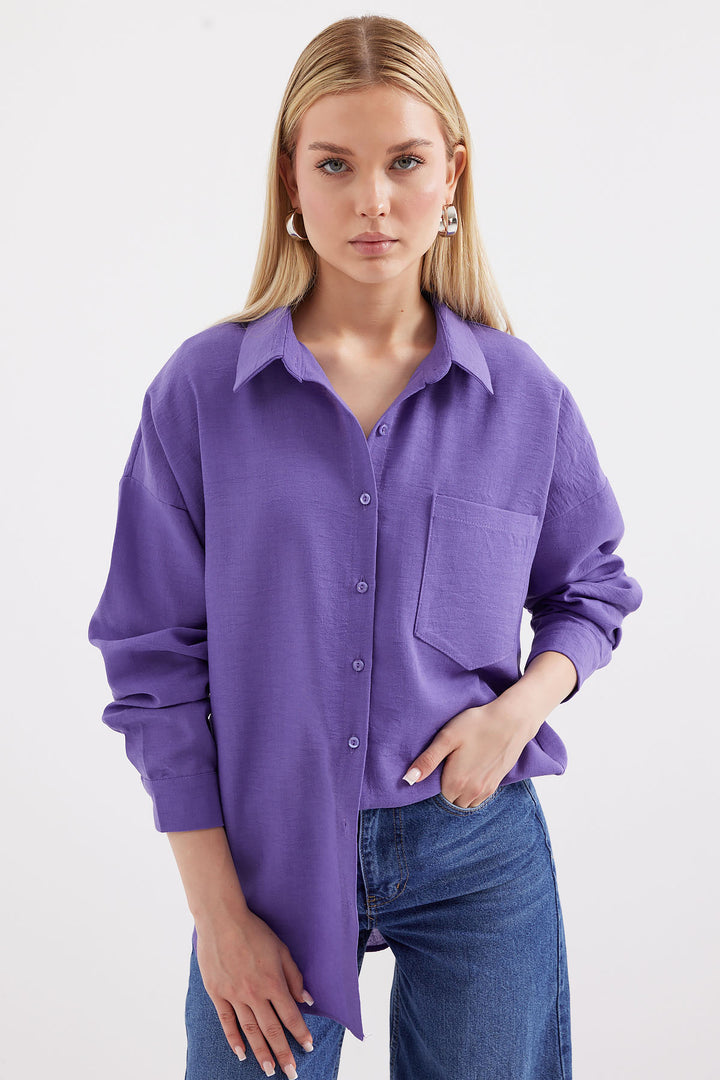 BGD Women Single Pocket Oversized Linen Shirt - Purple - Cuernavaca