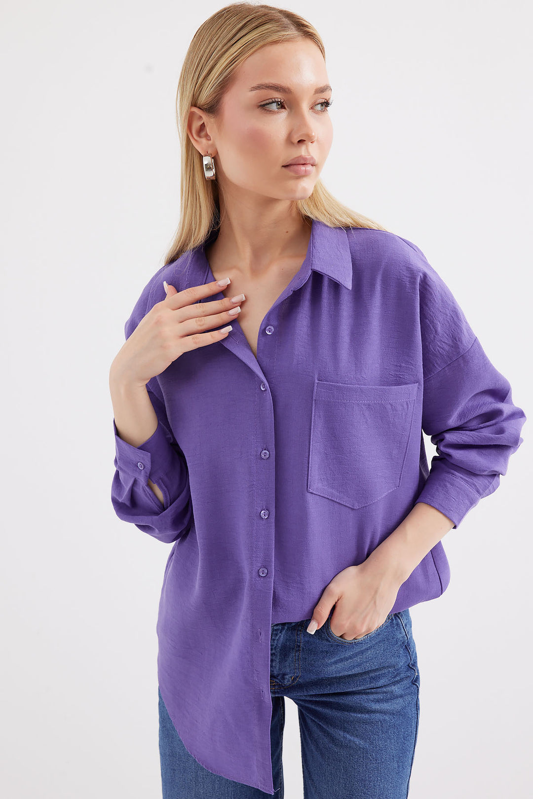BGD Women Single Pocket Oversized Linen Shirt - Purple - Cuernavaca