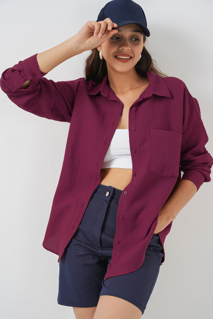 BGD Women Tek Cepli Oversize Keten Gömlek - Mürdüm - Castrop-Rauxel