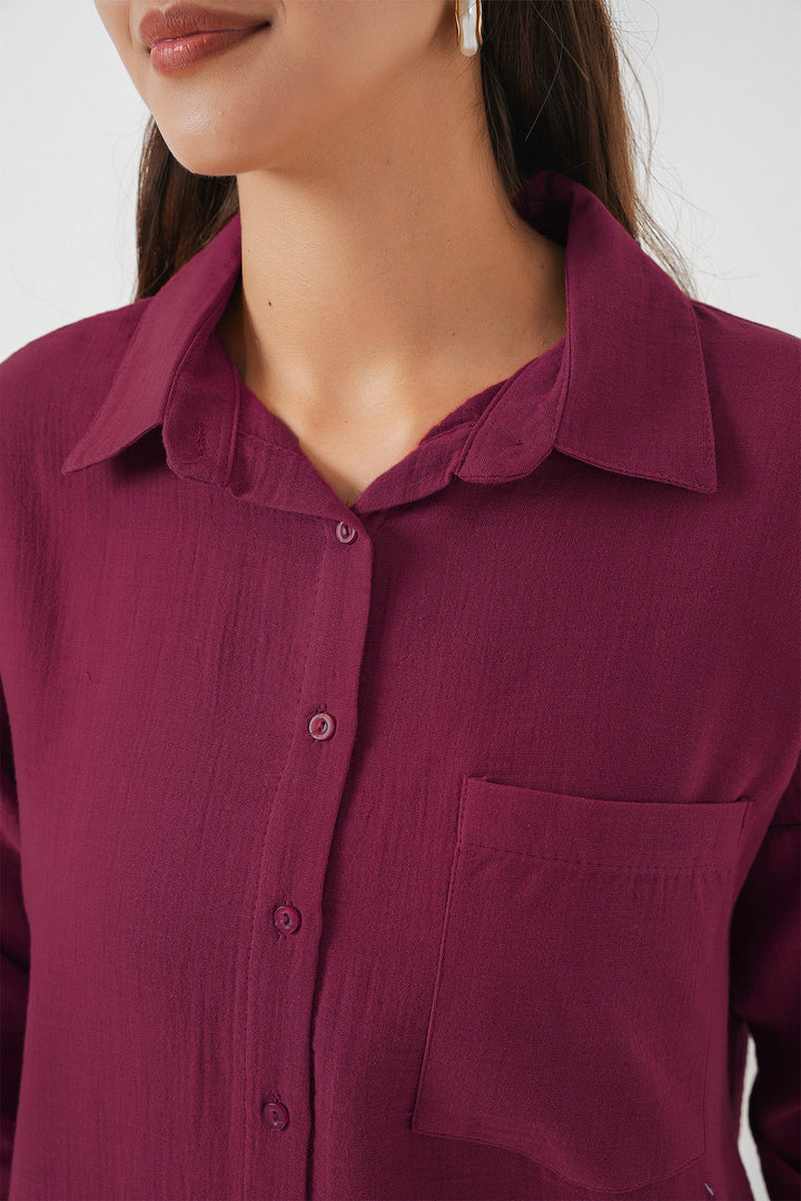 BGD Women Tek Cepli Oversize Keten Gömlek - Mürdüm - Castrop-Rauxel