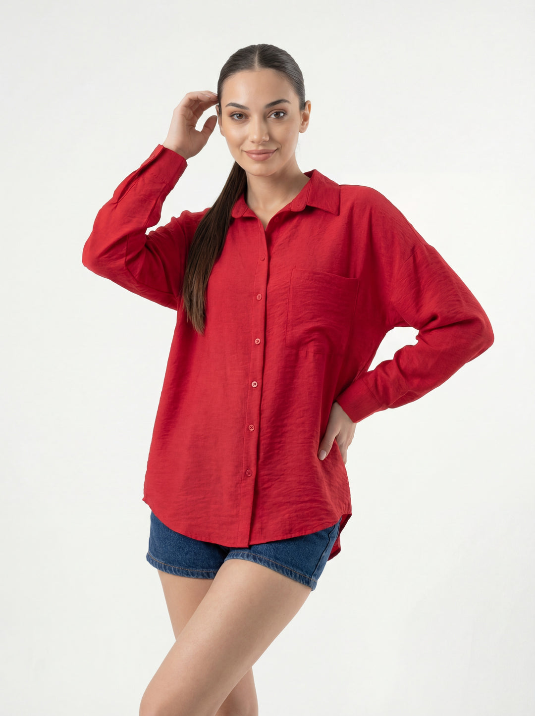 BGD Women Tek Cepli Oversize Keten Gömlek - Nar - Keratsíni
