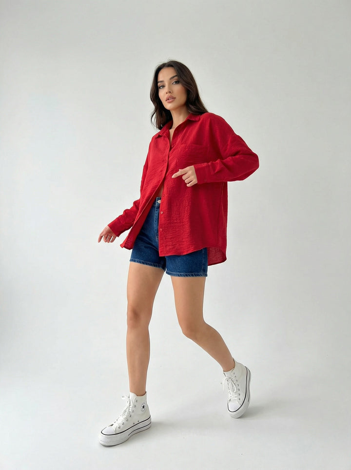 BGD Women Tek Cepli Oversize Keten Gömlek - Nar - Keratsíni