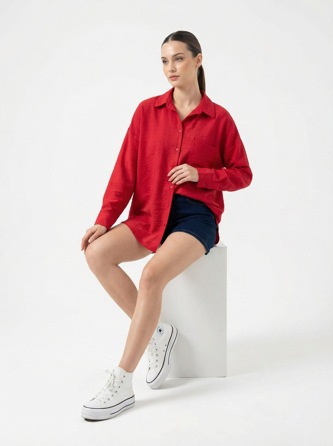 BGD Women Tek Cepli Oversize Keten Gömlek - Nar - Keratsíni