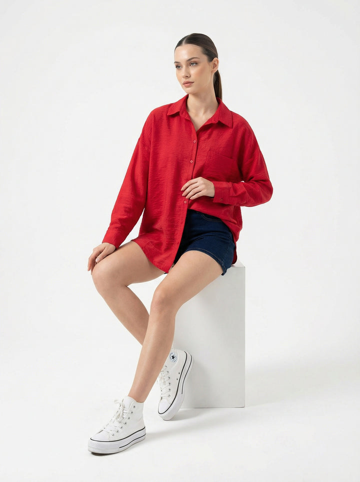 BGD Women Tek Cepli Oversize Keten Gömlek - Nar - Keratsíni