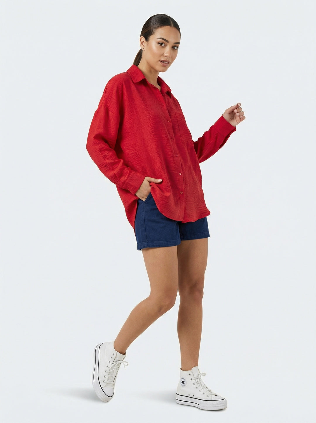 BGD Women Tek Cepli Oversize Keten Gömlek - Nar - Keratsíni