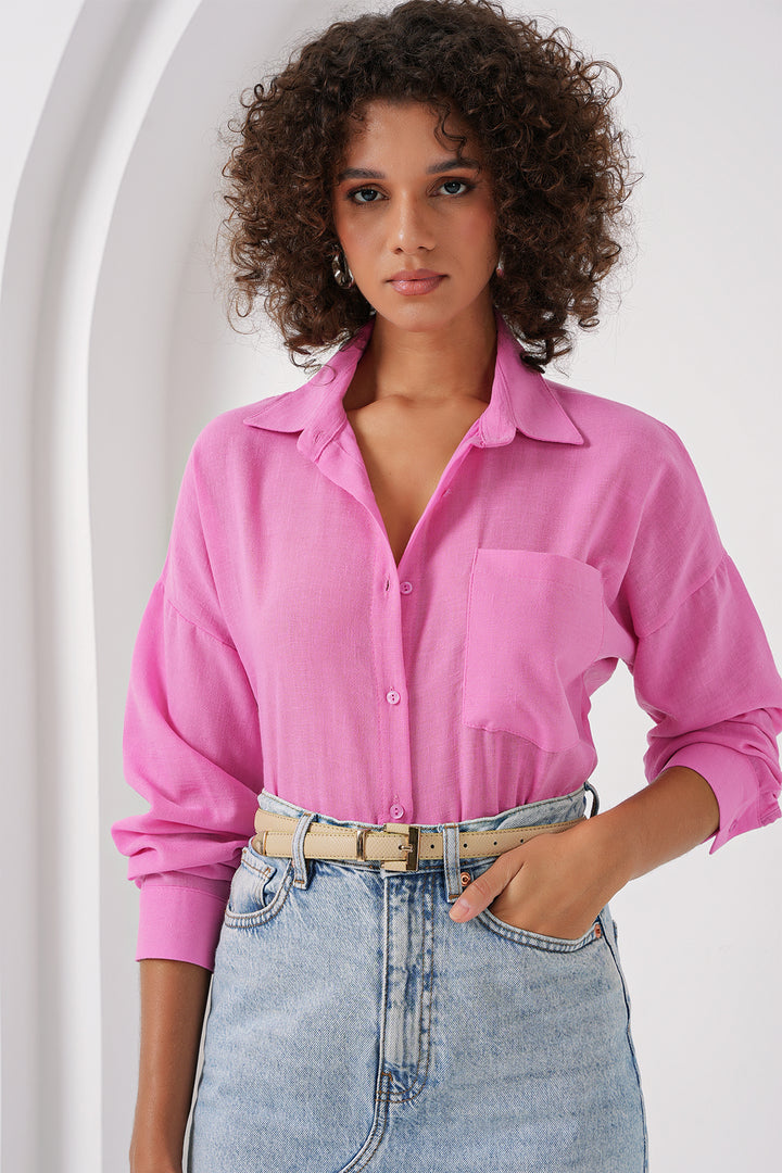 BGD Women Single Pocket Oversized Linen Shirt - Pink - Shakopee