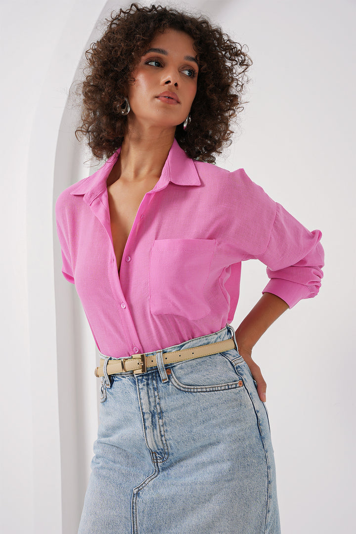 BGD Women Single Pocket Oversized Linen Shirt - Pink - Shakopee
