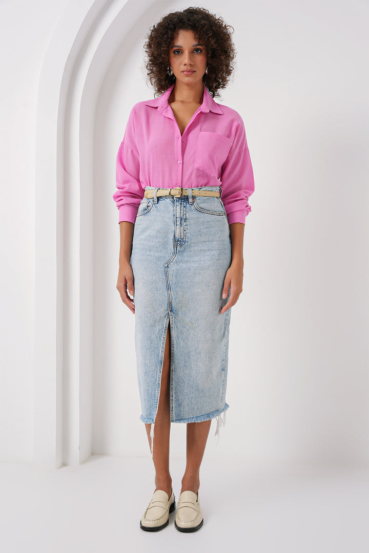 BGD Women Single Pocket Oversized Linen Shirt - Pink - Shakopee