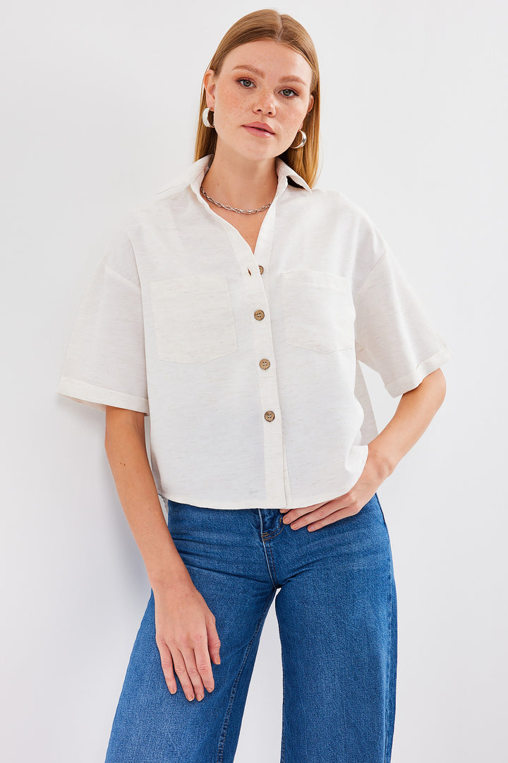 BGD Women Double Pocket Linen Shirt - Stone - Avondale