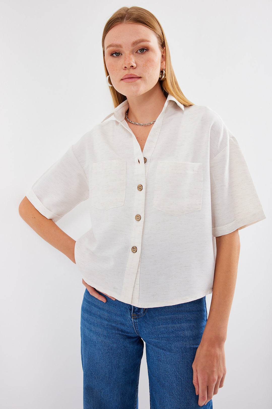 BGD Women Double Pocket Linen Shirt - Stone - Avondale