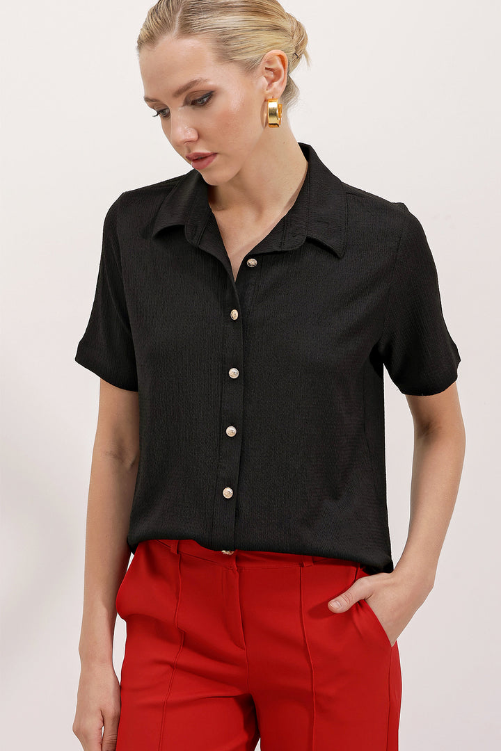 BGD Women Knitted Shirt with Gold Buttons - Black - Woodbury