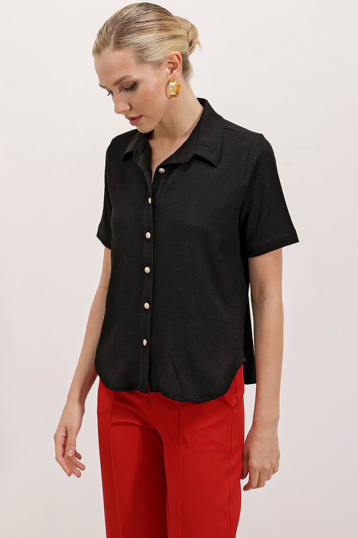 BGD Women Knitted Shirt with Gold Buttons - Black - Woodbury