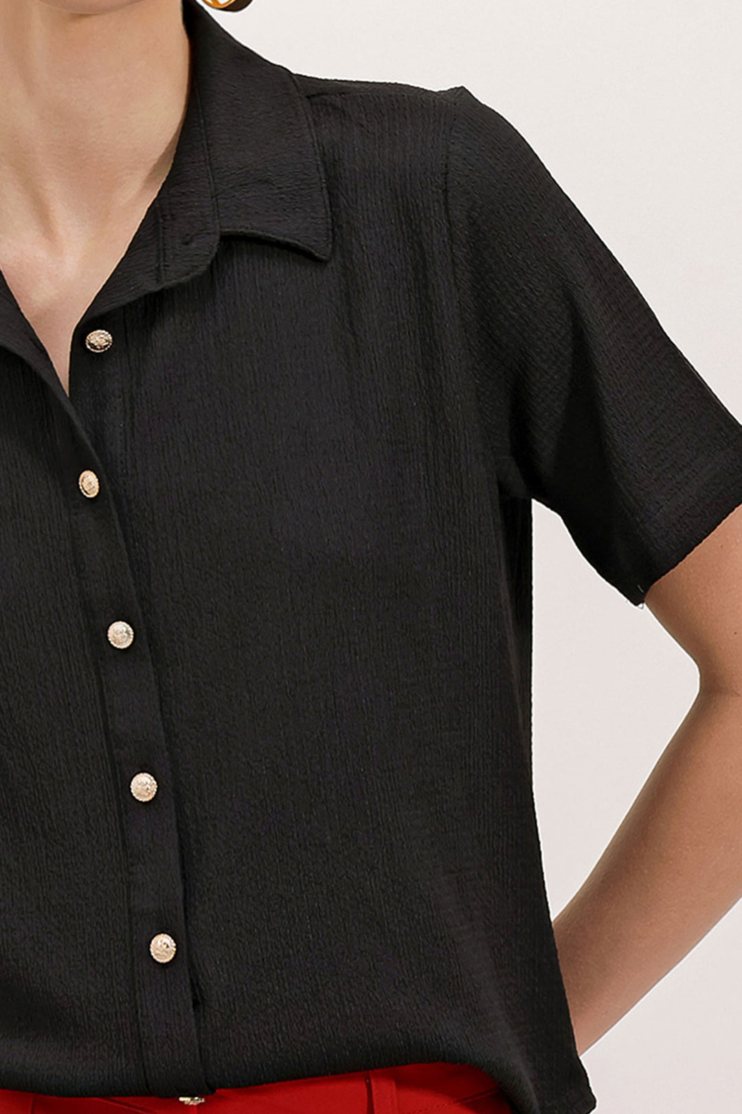 BGD Women Knitted Shirt with Gold Buttons - Black - Woodbury