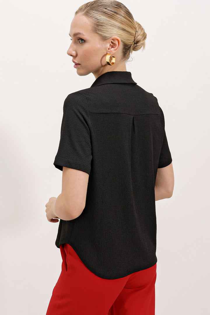 BGD Women Knitted Shirt with Gold Buttons - Black - Woodbury