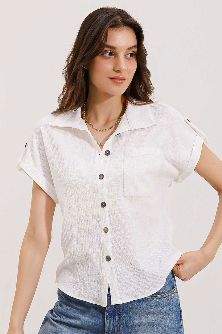 BGD Women Short Sleeve Oversized Knit Shirt - White - Peachtree City
