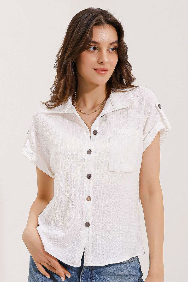 BGD Women Short Sleeve Oversized Knit Shirt - White - Peachtree City