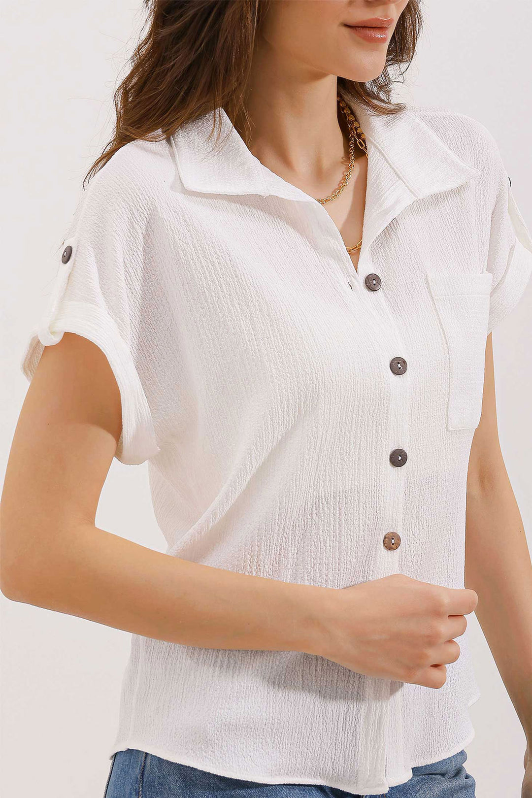 BGD Women Short Sleeve Oversized Knit Shirt - White - Peachtree City
