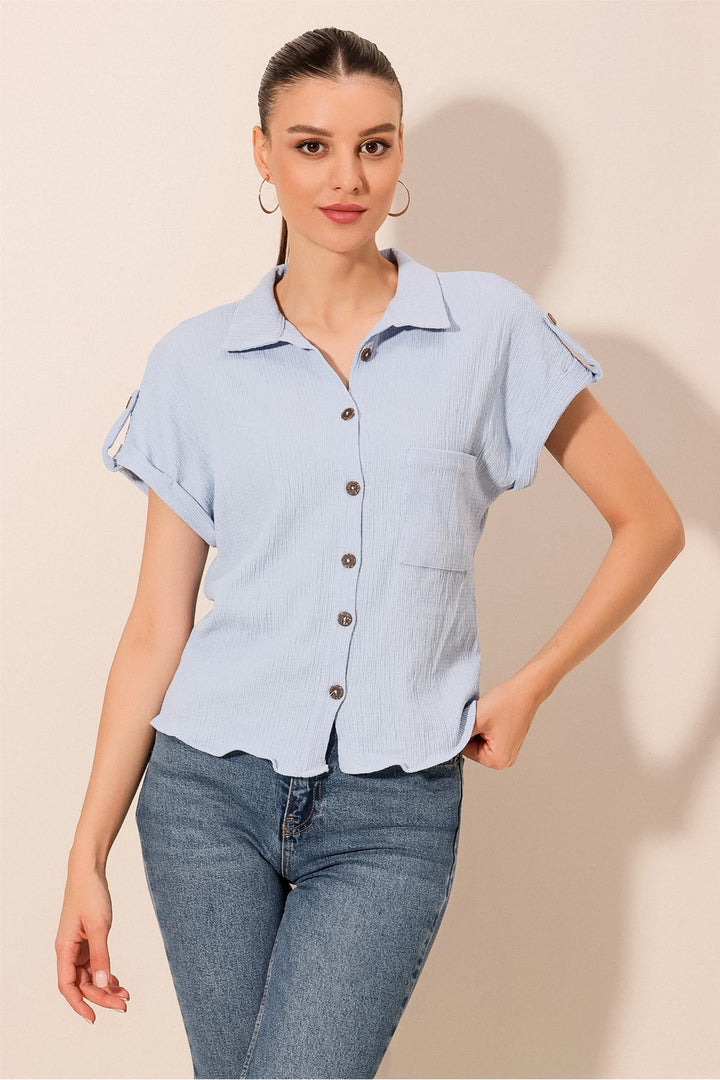 BGD Women Short Sleeve Oversized Knit Shirt - Blue - Williamsburg