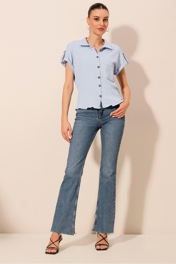 BGD Women Short Sleeve Oversized Knit Shirt - Blue - Williamsburg