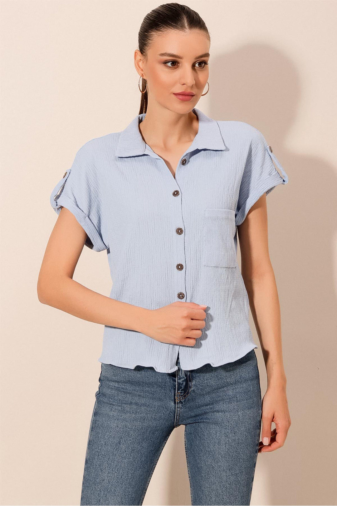 BGD Women Short Sleeve Oversized Knit Shirt - Blue - Williamsburg