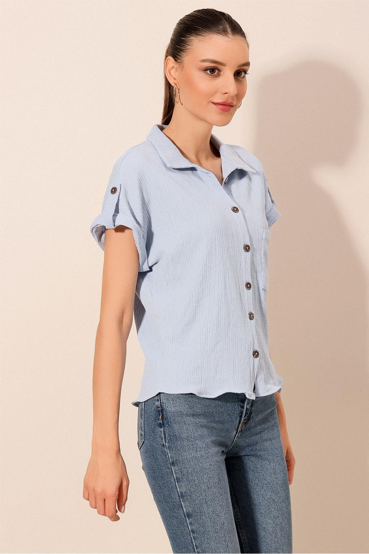BGD Women Short Sleeve Oversized Knit Shirt - Blue - Williamsburg