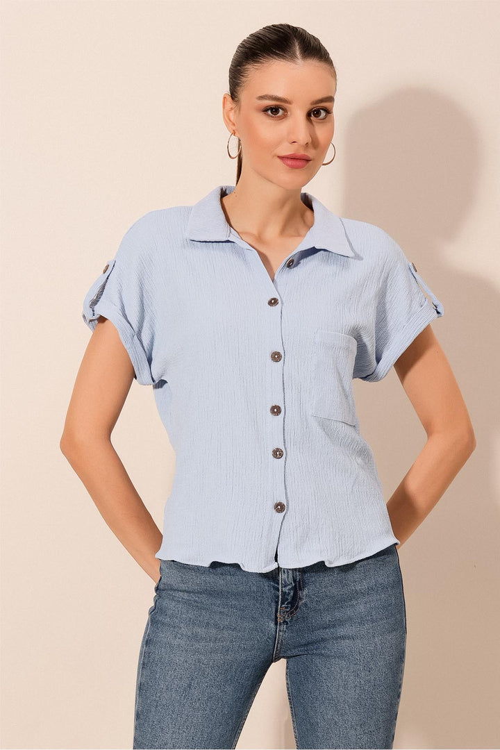 BGD Women Short Sleeve Oversized Knit Shirt - Blue - Williamsburg