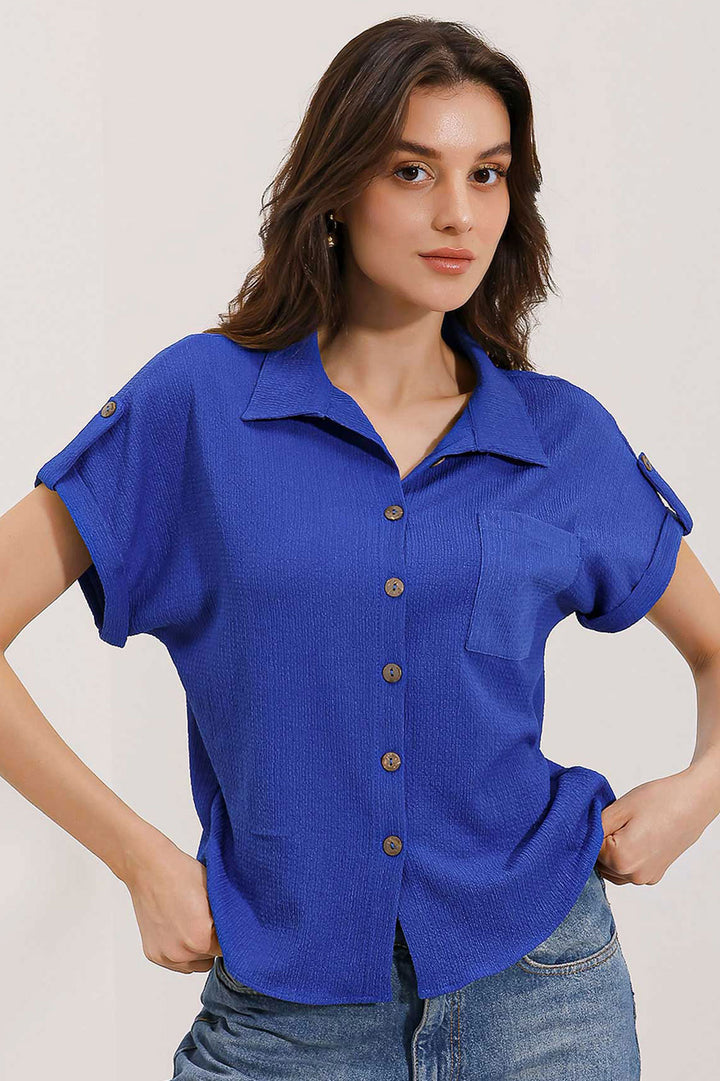 BGD Women Short Sleeve Oversized Knit Shirt - Blue - Avondale