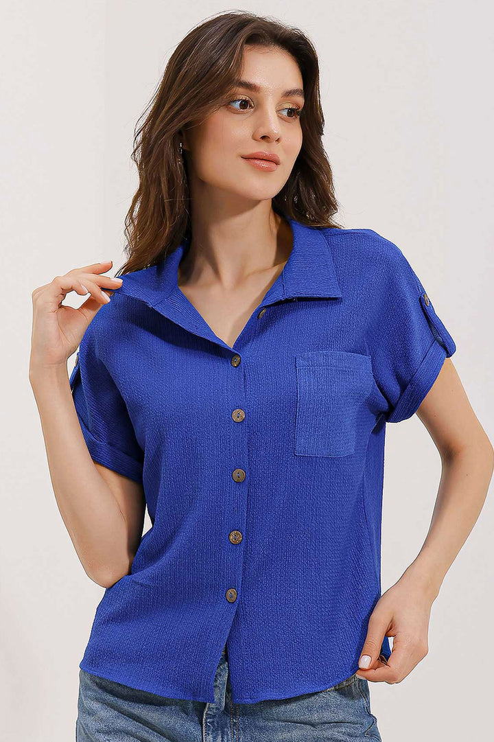BGD Women Short Sleeve Oversized Knit Shirt - Blue - Avondale