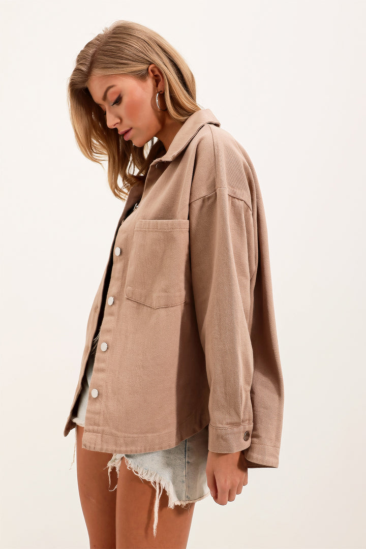BGD Women Oversize Gabardine Shirt Jacket - Beige - Huixquilucan