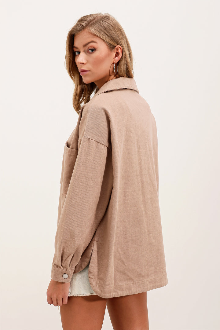 BGD Women Oversize Gabardine Shirt Jacket - Beige - Huixquilucan