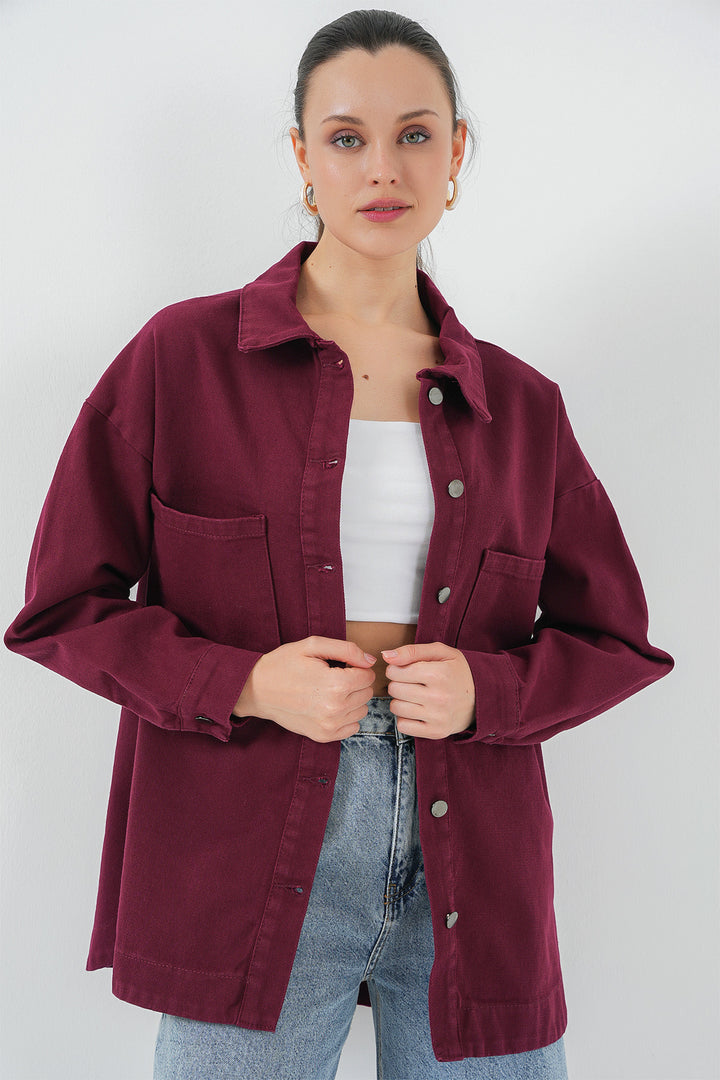 BGD Women Oversize Gabardine Shirt Jacket - Burgundy - Royal Oak