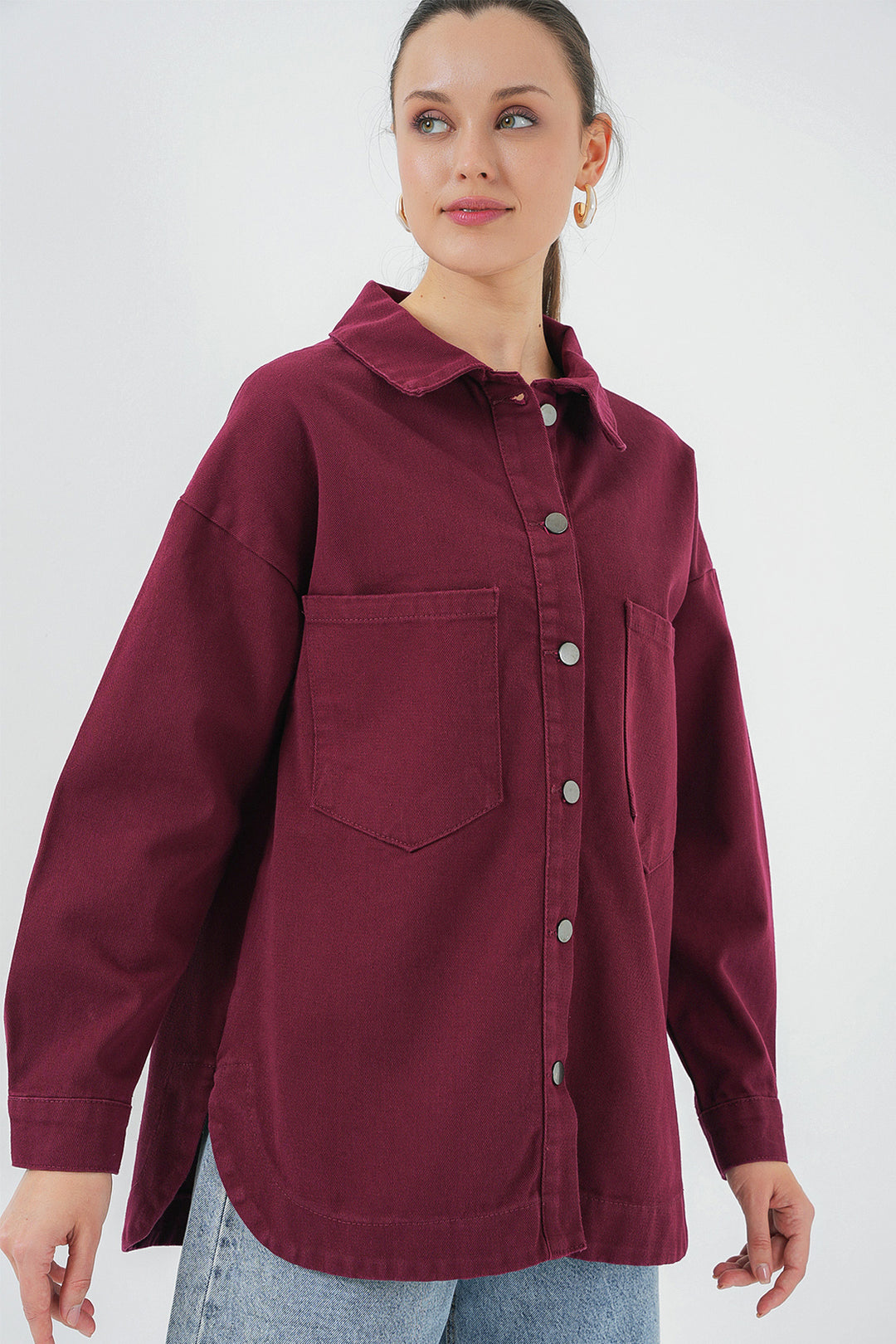 BGD Women Oversize Gabardine Shirt Jacket - Burgundy - Royal Oak