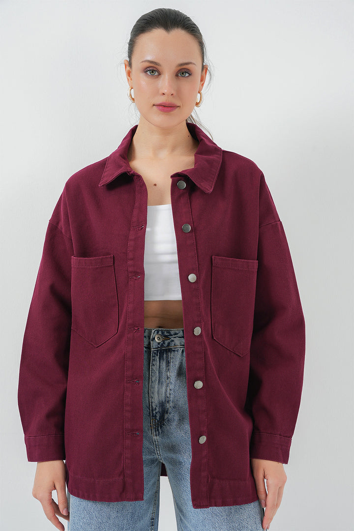BGD Women Oversize Gabardine Shirt Jacket - Burgundy - Royal Oak