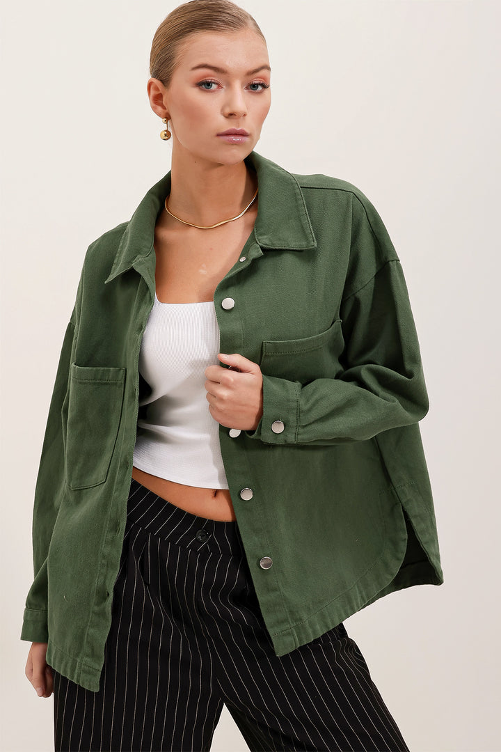 BGD Women Oversize Gabardine Shirt Jacket - Khaki - Néa Ionía