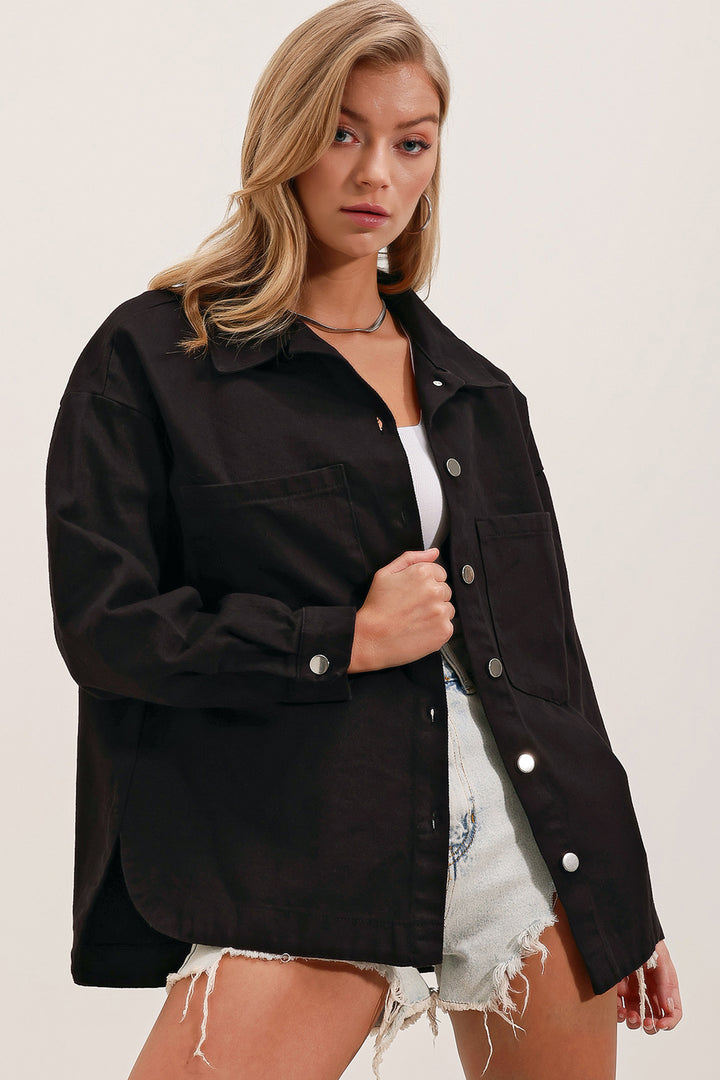 BGD Women Oversized Gabardine Shirt Jacket - Black - Hoboken