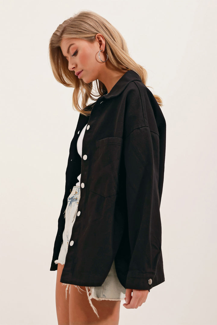 BGD Women Oversized Gabardine Shirt Jacket - Black - Hoboken