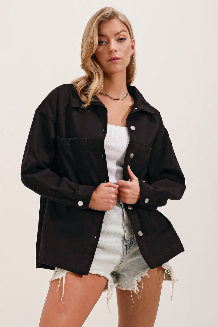 BGD Women Oversized Gabardine Shirt Jacket - Black - Hoboken