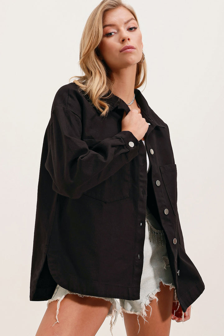BGD Women Oversized Gabardine Shirt Jacket - Black - Hoboken