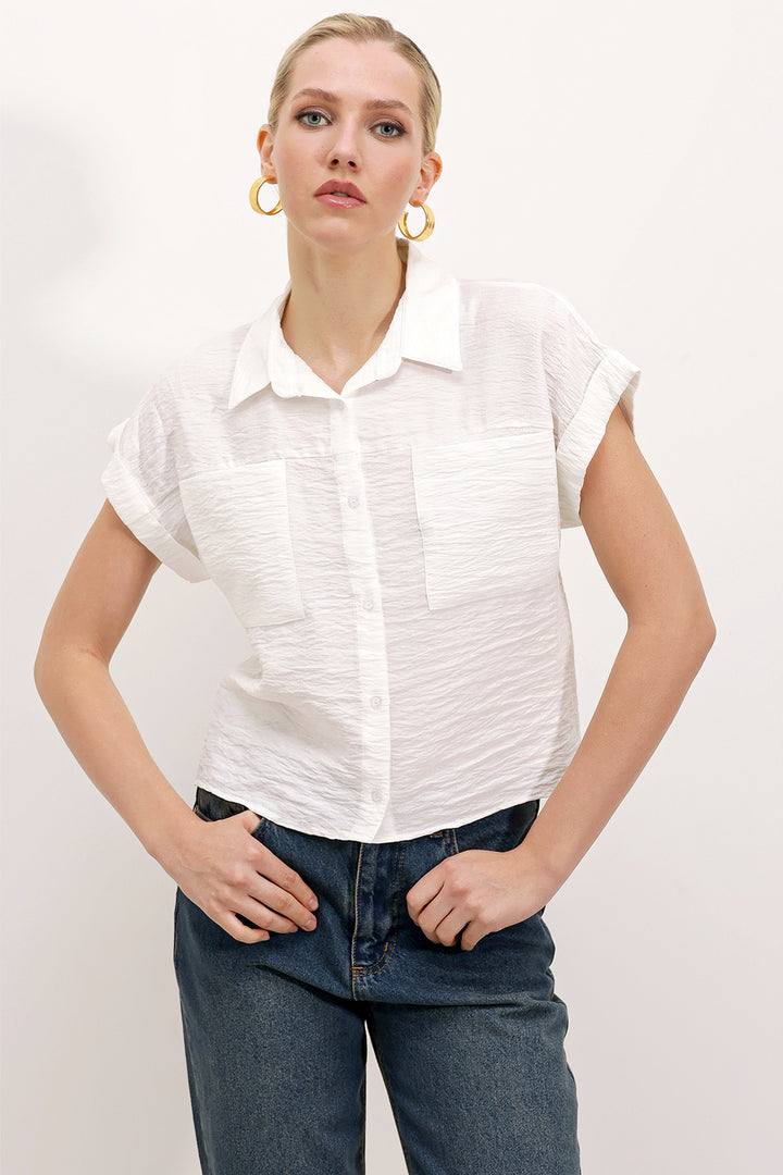 BGD Women Double Pocket Short Sleeve Shirt - White - Aranjuez